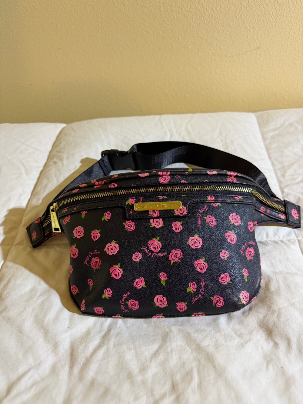 Juicy Couture Black Crossbody Belt Bag with Pink Rose Print